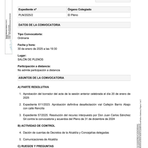 Convocatoria a Pleno sesión ordinaria, jueves 30 de enero a las 19:30h
